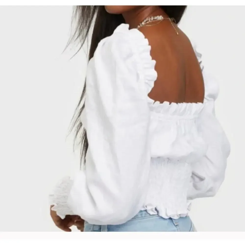 Faithfull the Brand Bel Rose White Smocked Off Shoulder Crop Top Size L